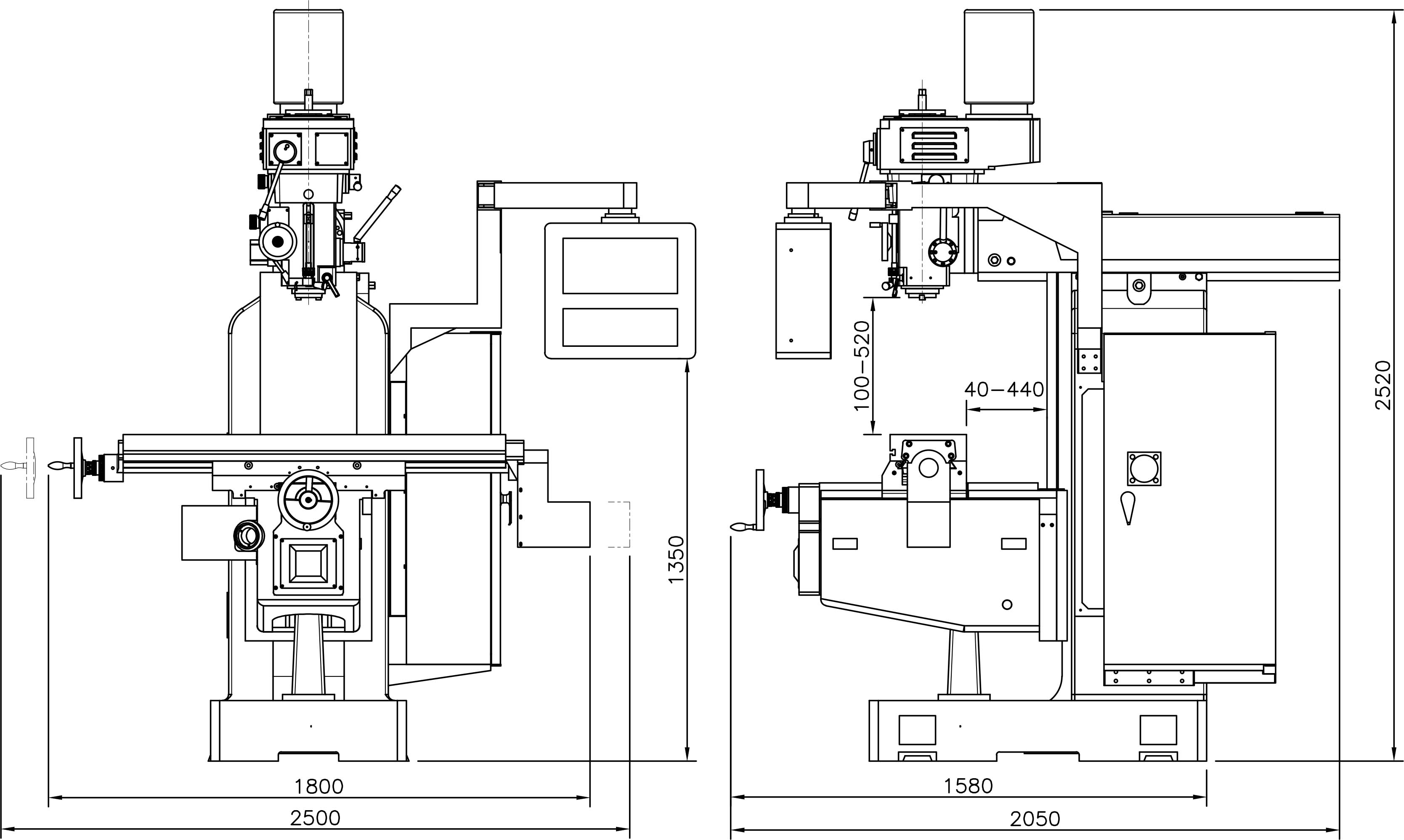 Kích thước máy phay đứng CNC model YSM-20ANC