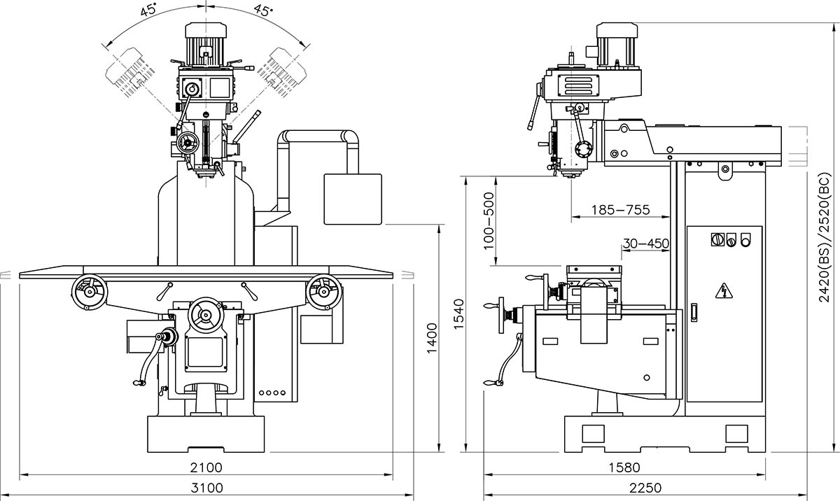 Kích thước máy phay đứng YSM-20BS; YSM-20BC