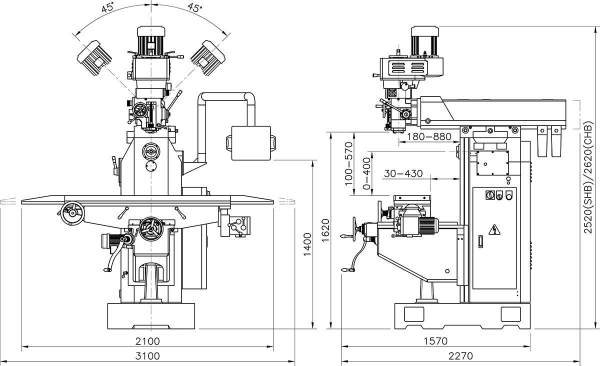 Kích thước máy phay đứng ngang YSM-26SHB; YSM-26CHB: