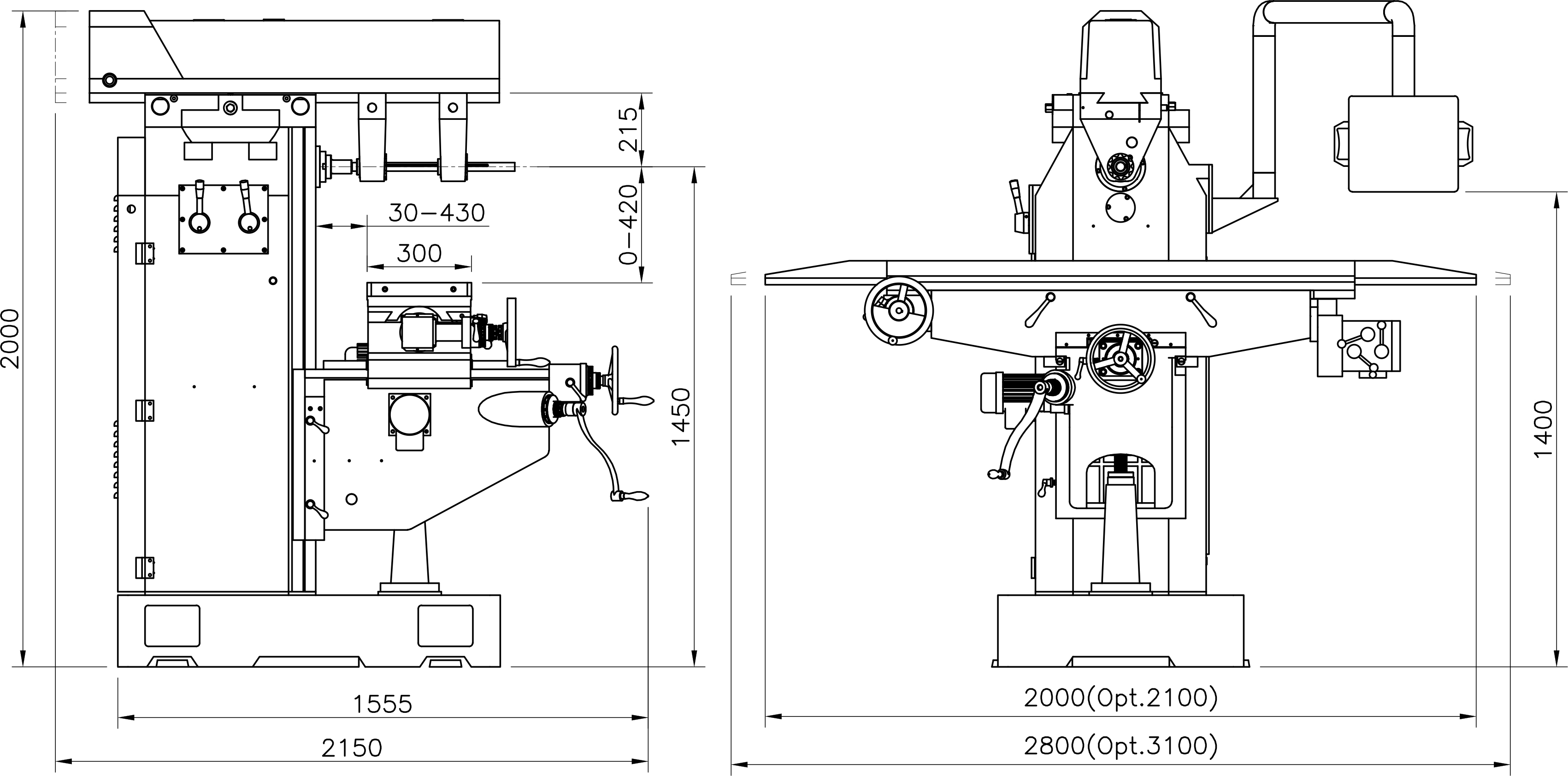 Kích thước máy phay ngang YSM-26HS; YSM-26HC