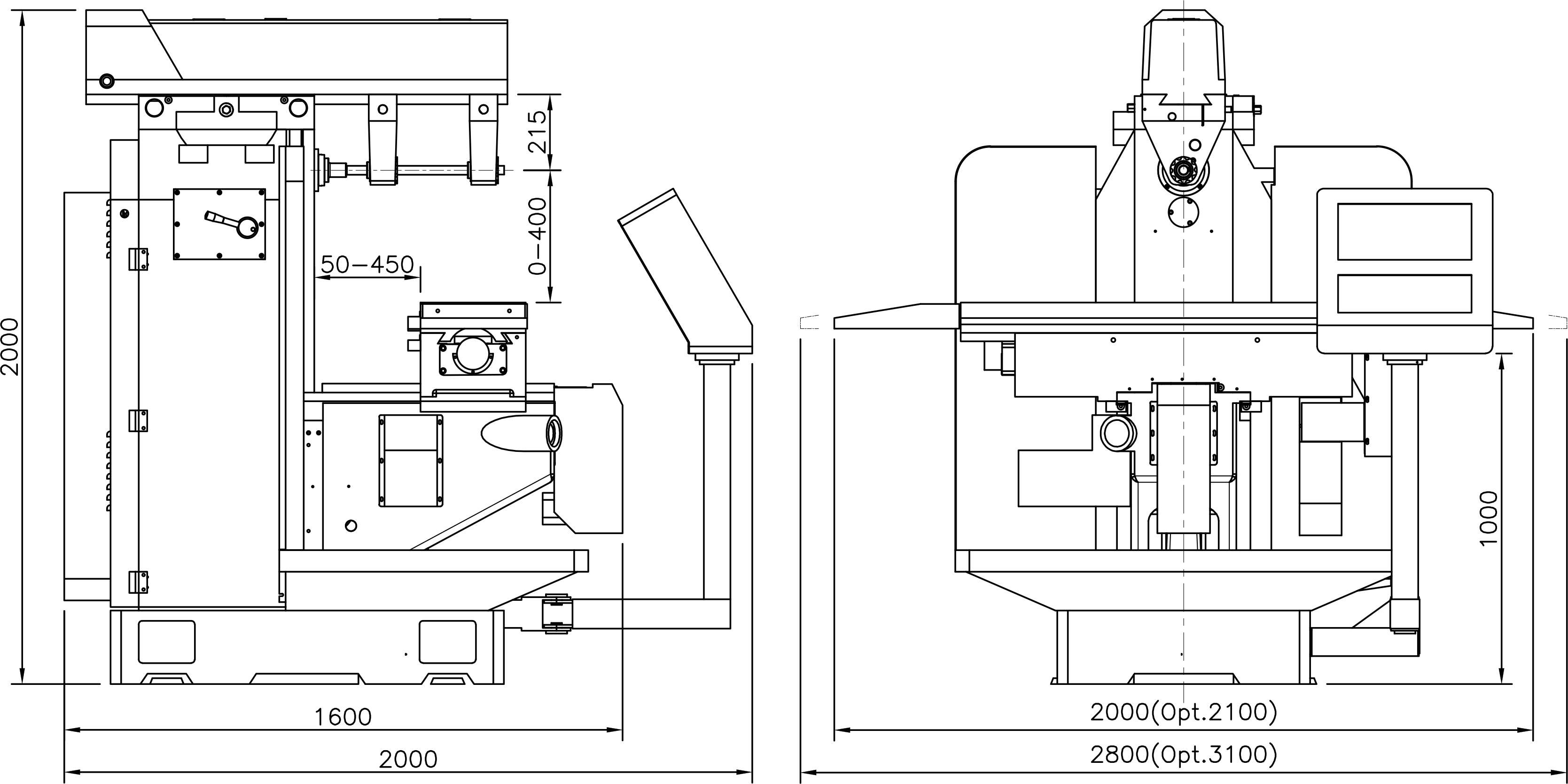 Kích thước máy phay ngang CNC model YSM-26HNC