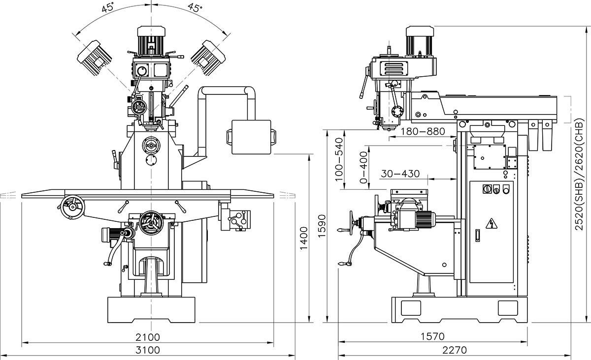 Kích thước máy phay đứng ngang YSM-28SHB; YSM-28CHB