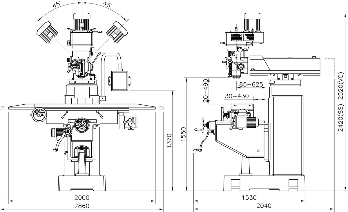 Kích thước máy phay đứng YSM-860S; YSM-860C