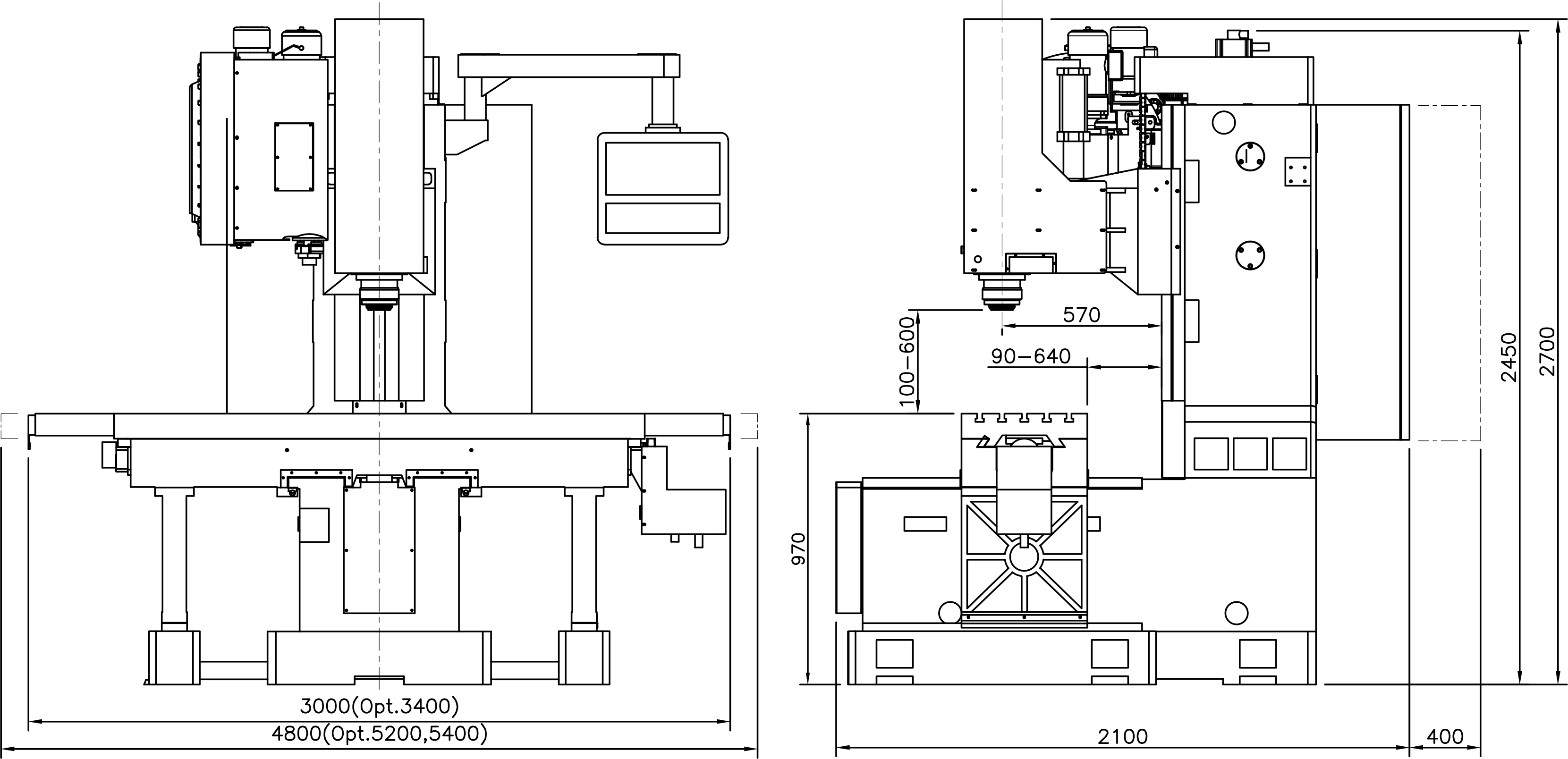 Kích thước máy phay giường CNC model YSM-VB1600