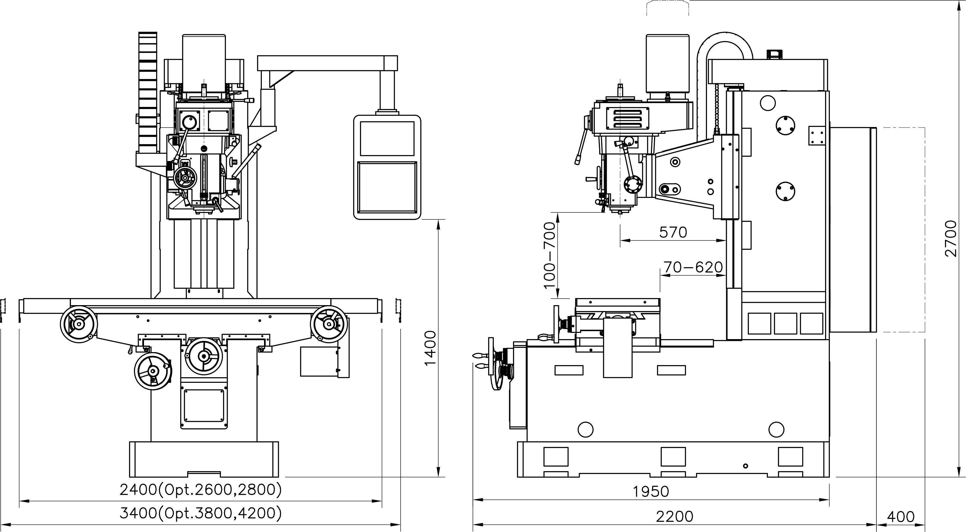  Kích thước máy phay giường vạn năng YSM-VB600AE; YSM-VB600AT; YSM-VB600EC và YSM-VB600TC