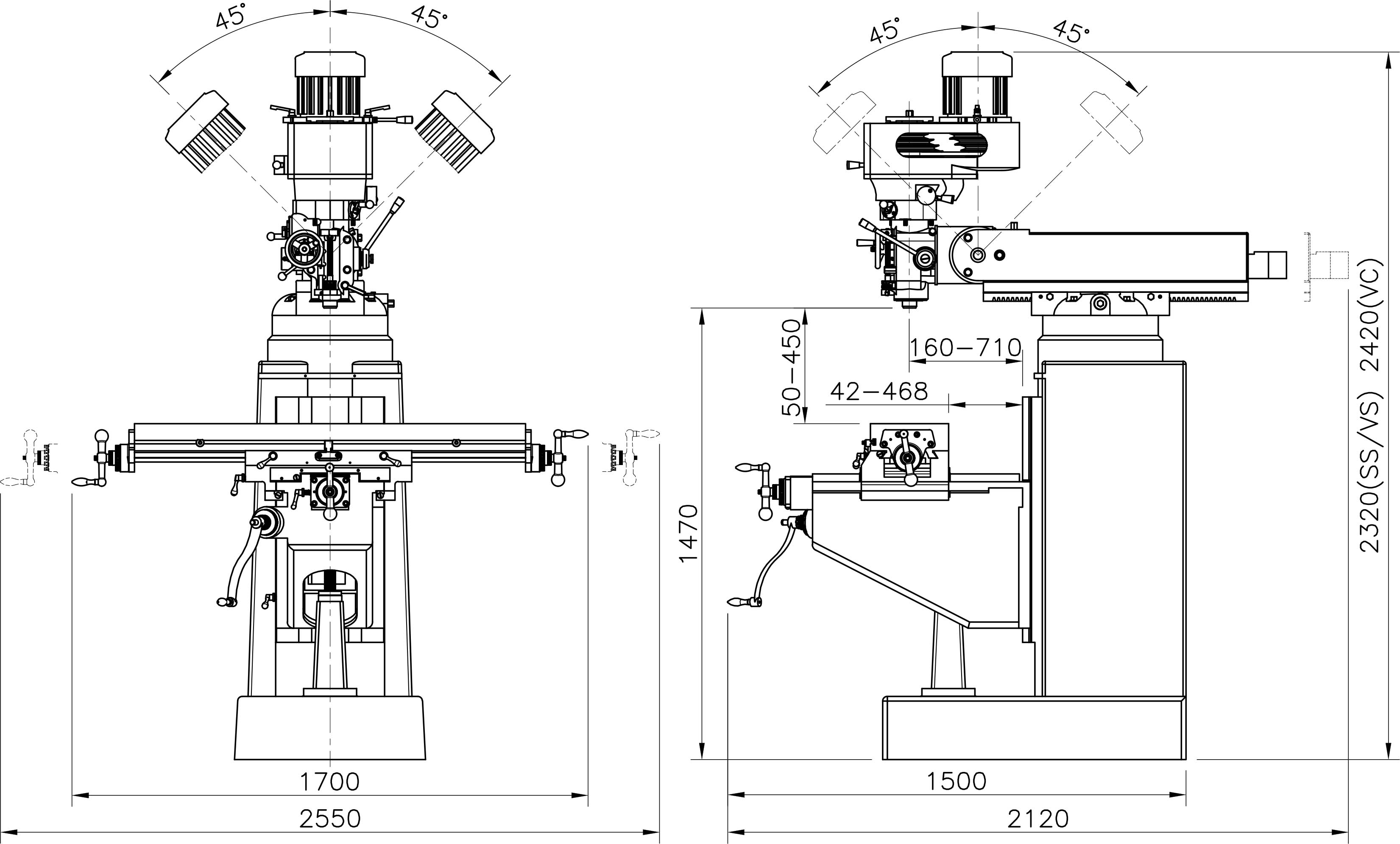 Kích thước máy phay đứng YSM-16